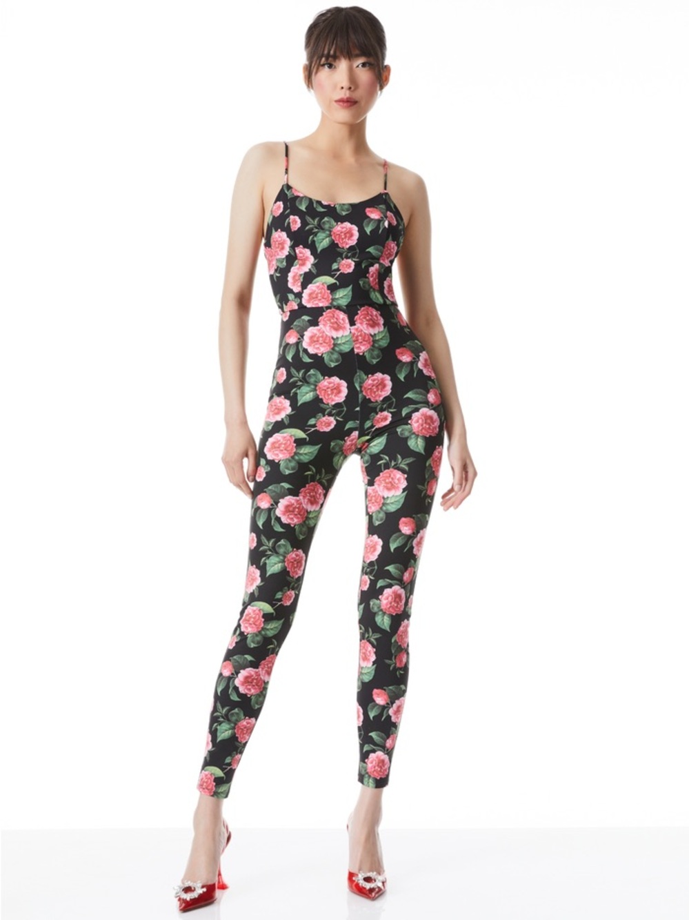 Alice + Olivia Black Floral Print Spaghetti-Strap Jumpsuit